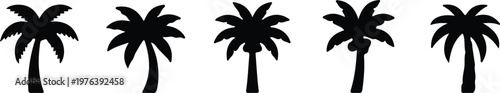 five black silhouette palm trees in a row on white background flat vector tropical clipart design