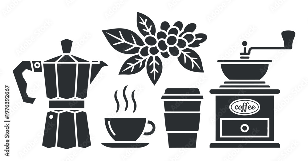Obraz premium Coffee making and drinking equipment with beans and hot beverage icon set