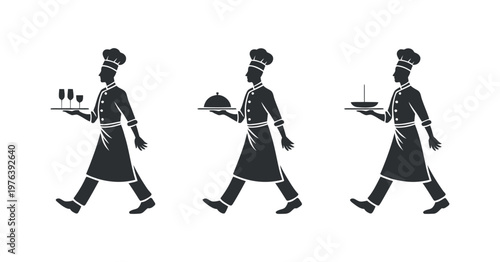 Chefs carrying food and drinks in a line on white background