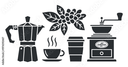 Coffee making and drinking equipment with beans and hot beverage icon set