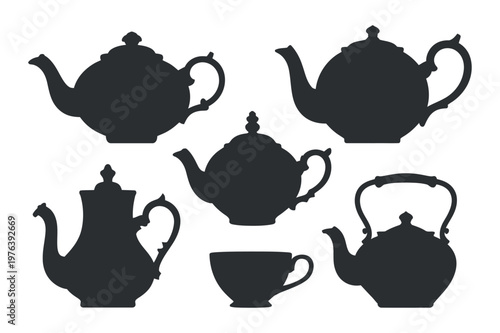 Collection of classic teapots and teacup silhouettes against a clean white background