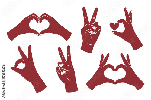 Collection of Hands Gestures for Love and Peace with White Background