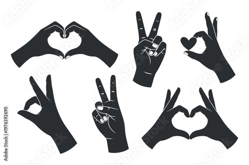 Collection of Silhouette Hands Forming Gestures of Love and Peace Against White Background