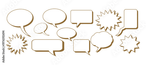 Collection of various speech bubble shapes in a golden hue against a clean white background