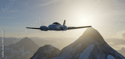 Tableau sur toile Private Twin-Engine Airplane Flying Over Snowy Mountain Peaks At Sunrise — 3D Re