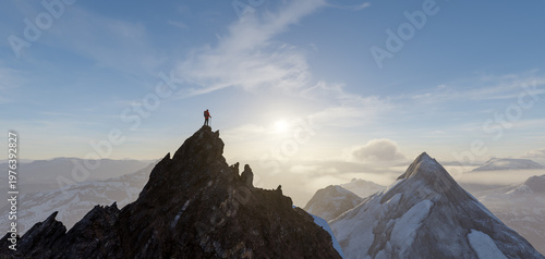 Photos Solo Climber Standing On Mountain Peak At Sunrise Over Snowy Alpine Ridge, 3D Re