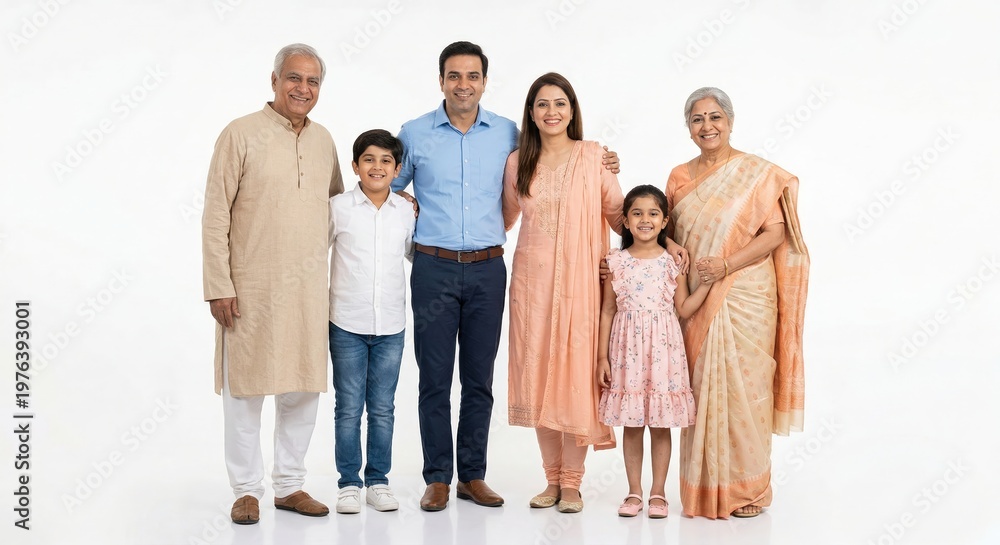 Fototapeta premium Happy Indian Joint Family Smiling Together White Background