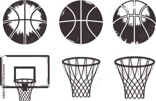Set of distressed basketballs hoops and backboard a white background sport game