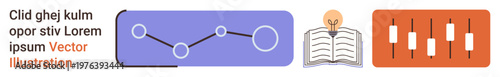 Data analysis, education, trading strategies, business decisions, financial research, stock market visualization. Minimalist visuals of a graph, open book with bulb and candlestick chart. Data