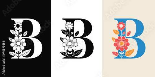 Stylized letter B with floral and geometric in black and blue