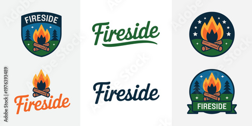 Six camping with campfire and logotype in green and blue
