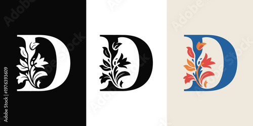 Three stylized letter D with floral and flame motifs in black white and blue 1