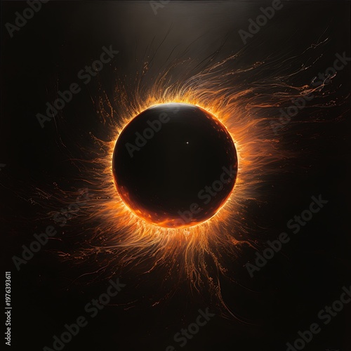 A striking image of a solar eclipse in the night sky, showcasing the fiery corona around the moon. The dark contrast highlights the brilliance of the natural phenomenon