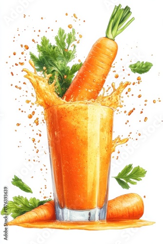 carrot juice splash with fresh carrots and leaves, isolated on white background