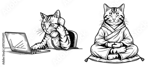 Cat working on laptop with phone and meditating cat in kimono representing work life balance vintage engraving style