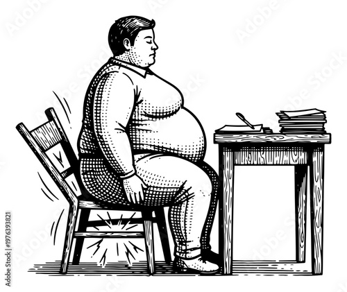 Overweight man sitting on a breaking chair at a desk representing obesity issues vintage engraving style