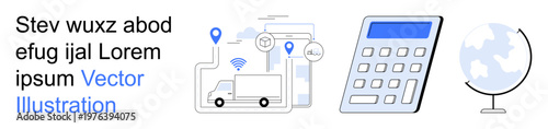 Logistics management, global finance, supply chain, transport tracking, business analytics, geography. Icon-style truck with location pins, a calculator and a globe. Logistics management and supply