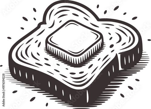 Stylized Slice of Toast with Melting Butter and Speckled Texture White Background