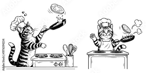 Cat chef wearing toque cooking and tossing food in a frying pan vintage engraving style