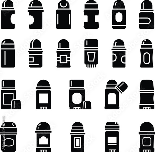 Deodorant stick and roll-on antiperspirant icons set for personal hygiene products with roll