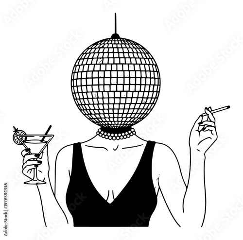 Woman with a disco ball head holding a martini glass and a cigarette representing nightlife and party culture vintage engraving style