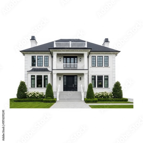Classic three-story colonial home with symmetrical design and manicured lawn