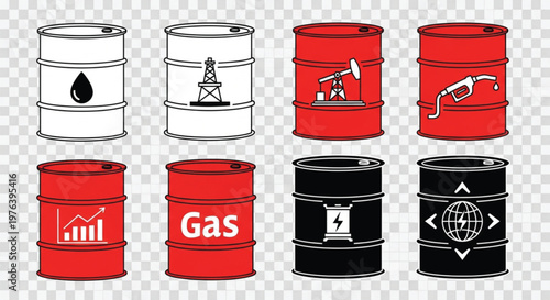 Collection of oil drum illustrations featuring gas pump, oil rig, and stock market growth symbols.