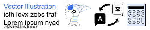 Artificial intelligence, language processing, translation technology, machine learning, neural networks, education tools. Human profile with brain, translation icons calculator. Artificial