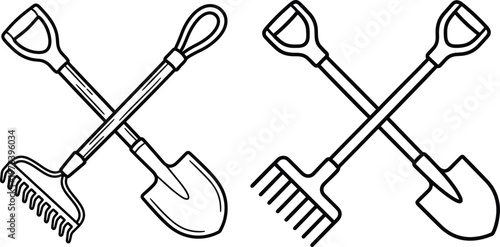 Crossed garden shovel and rake tools icon set vector