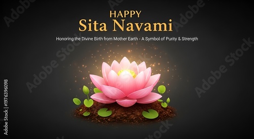 Pink lotus flower in soil with green leaves and light beam on black background celebrating sita