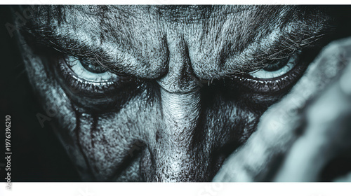 Close up, very detailed, intense monochrome portrait of a male face with deeply furrowed brow and piercing eyes conveying menace and deep internal conflict.