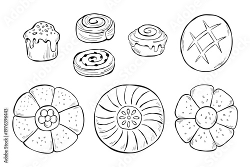 Collection of vector sketch illustration with different types of bread and sweet buns isolated on a white background. Line drawing of bakery assortment for menu, advertising, logo, or packaging.