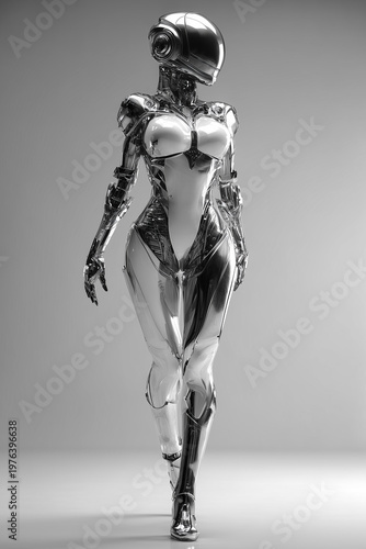 Futuristic humanoid robot walking forward on white background, full body AI technology concept with copy space