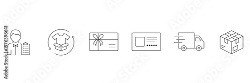 Shopping logistics icon set featuring delivery staff clothing return gift card membership rating fast shipping truck and parcel box in outline vector illustration