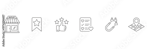 Shopping and retail marketing icon set featuring outlet storefront bookmark ribbon star rating review wishlist magnet and map location pin in outline vector illustration