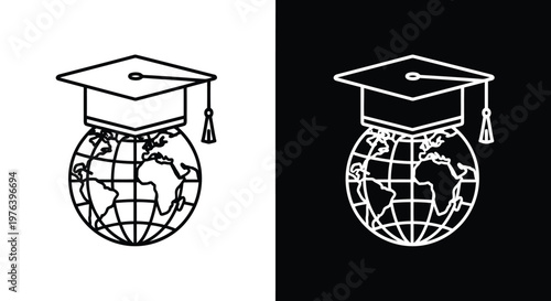 Graduation Cap On Globe Icon Set Keywords: graduation cap, globe, world, education, learning