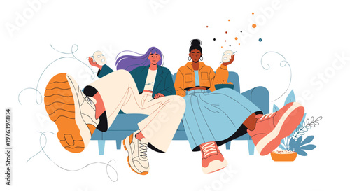 relaxed friends, people sitting, on couch, casual lifestyle, vector illustration