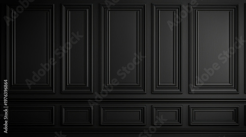 An elegant black wall paneling with raised molding and trim creates a sophisticated and classic architectural backdrop for interior design applications and styles.