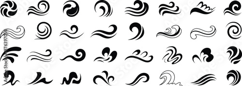 Collection of wave icons vector set, abstract water swirl shapes isolated, ocean flow symbols, decorative fluid design elements pack
