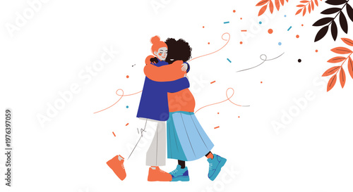 Happy couple hug, celebration confetti, vector illustration, romantic moment