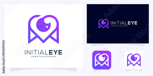 Letter M initial with Eye and love logo design idea. Abstract vision monogram outline gradient vector icon symbol.