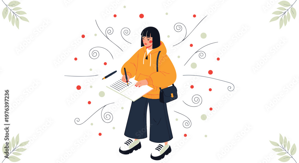 Fototapeta premium Cartoon woman writing, colorful illustration, creative background, floral elements, vector graphic