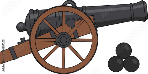 Antique cannon and cannonballs on transparent background.