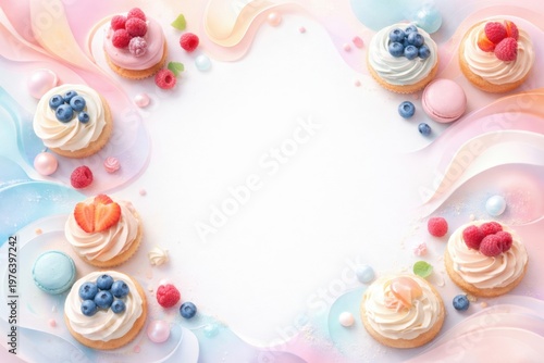 Colorful desserts and candies arranged as border on soft pastel gradient background with copy space