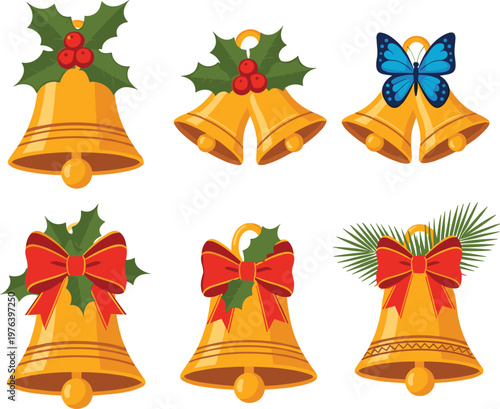 Christmas bells collection with holly and bows on transparent background.
