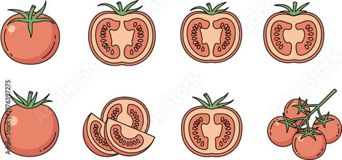 Collection of fresh red tomatoes, whole and sliced, on transparent background.