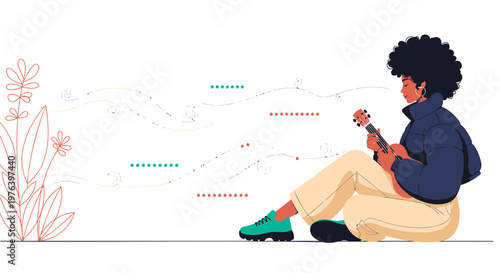 Flat design young adult playing ukulele, sitting relaxed, colorful illustration, music hobby