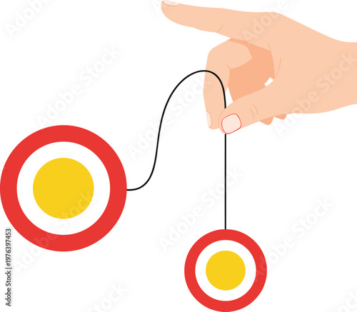 Hand holding yo yo toy with red white and yellow circles on transparent background.