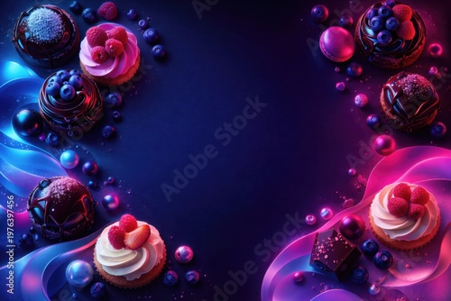 Colorful desserts arranged as border on dark neon gradient background with copy space