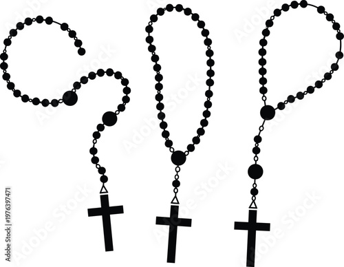 Black silhouette rosaries with crosses on transparent background.